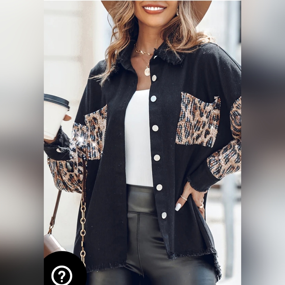 Black & Sequin Leopard Shacket Jacket XL